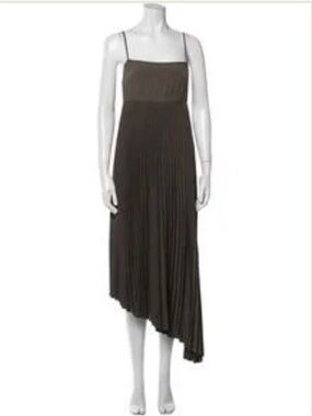 All Saints Dark Brown Pleated Asymmetrical Midi Dress